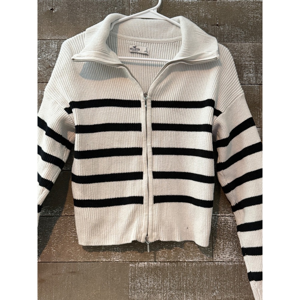 Hollister Full Zip Striped Sweater Womens Small White Black